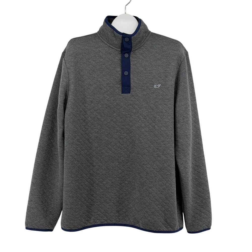 Vineyard Vines Sankaty Quilted Shep Shirt Men Large Gray Blue Trim Pullover Snap